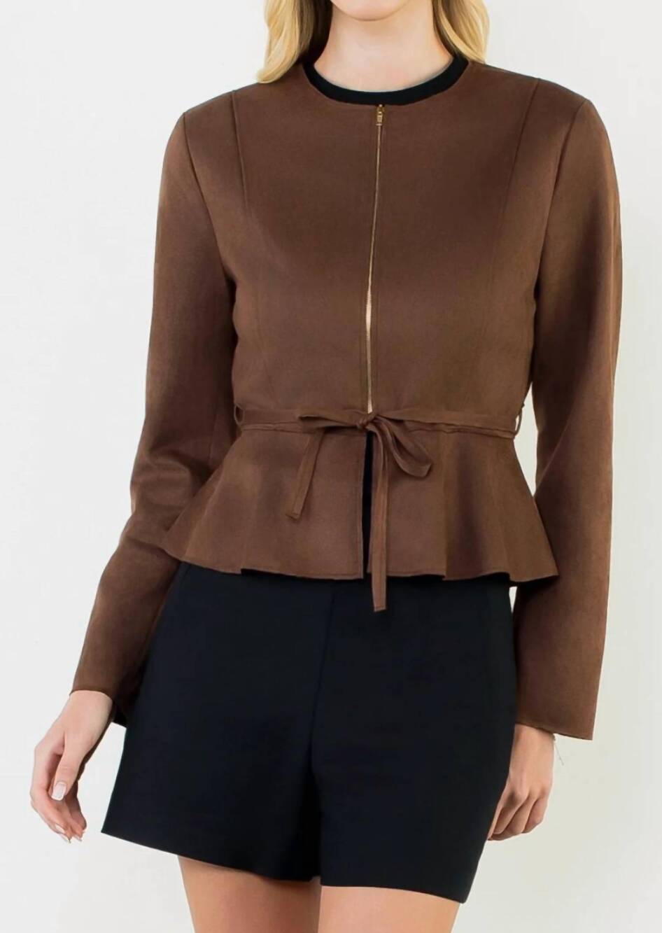 NEW THML suede zipper jacket with tie waist in brown